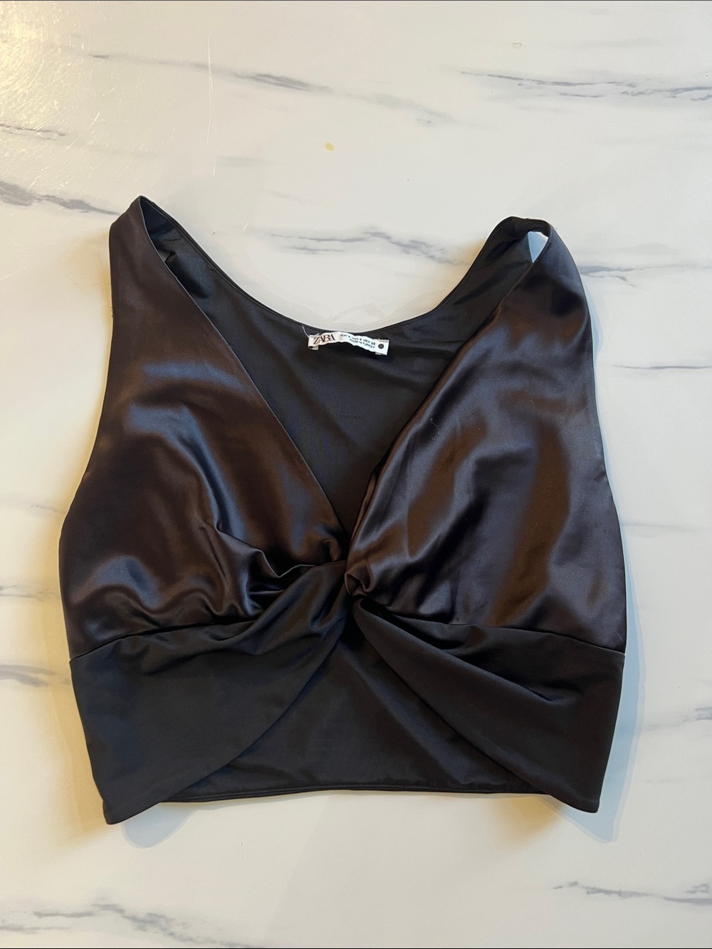 Zara Black Satin Twist-Front Crop Top